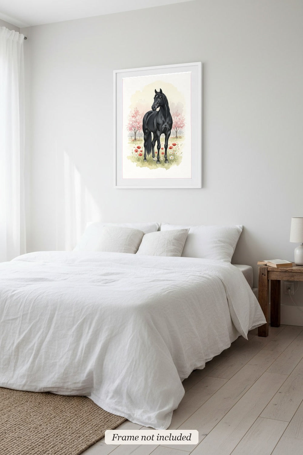Black - Swedish Riding Horse watercolour print in a slim white frame (frame not included) in a bedroom