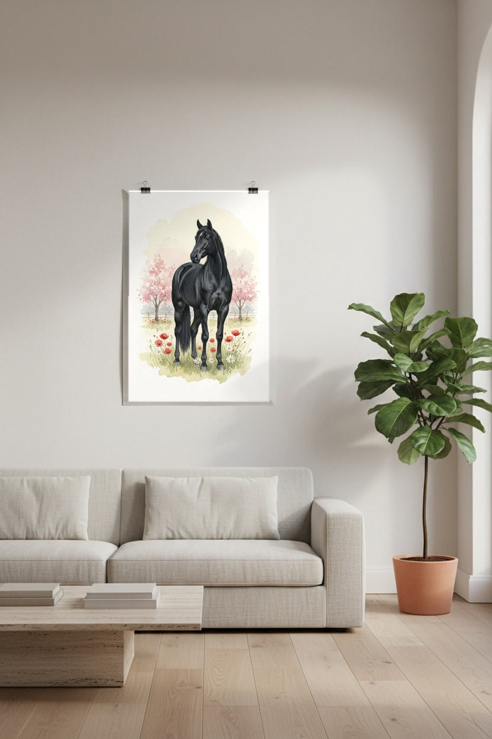 Black - Swedish Riding Horse watercolour print hung with clips in a designer loft