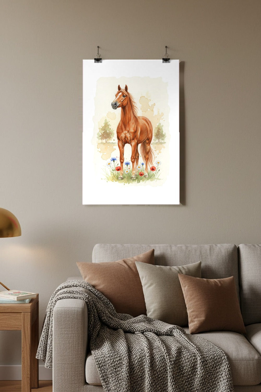 Chestnut - Swedish Riding Horse watercolour print hung with clips in a family living room