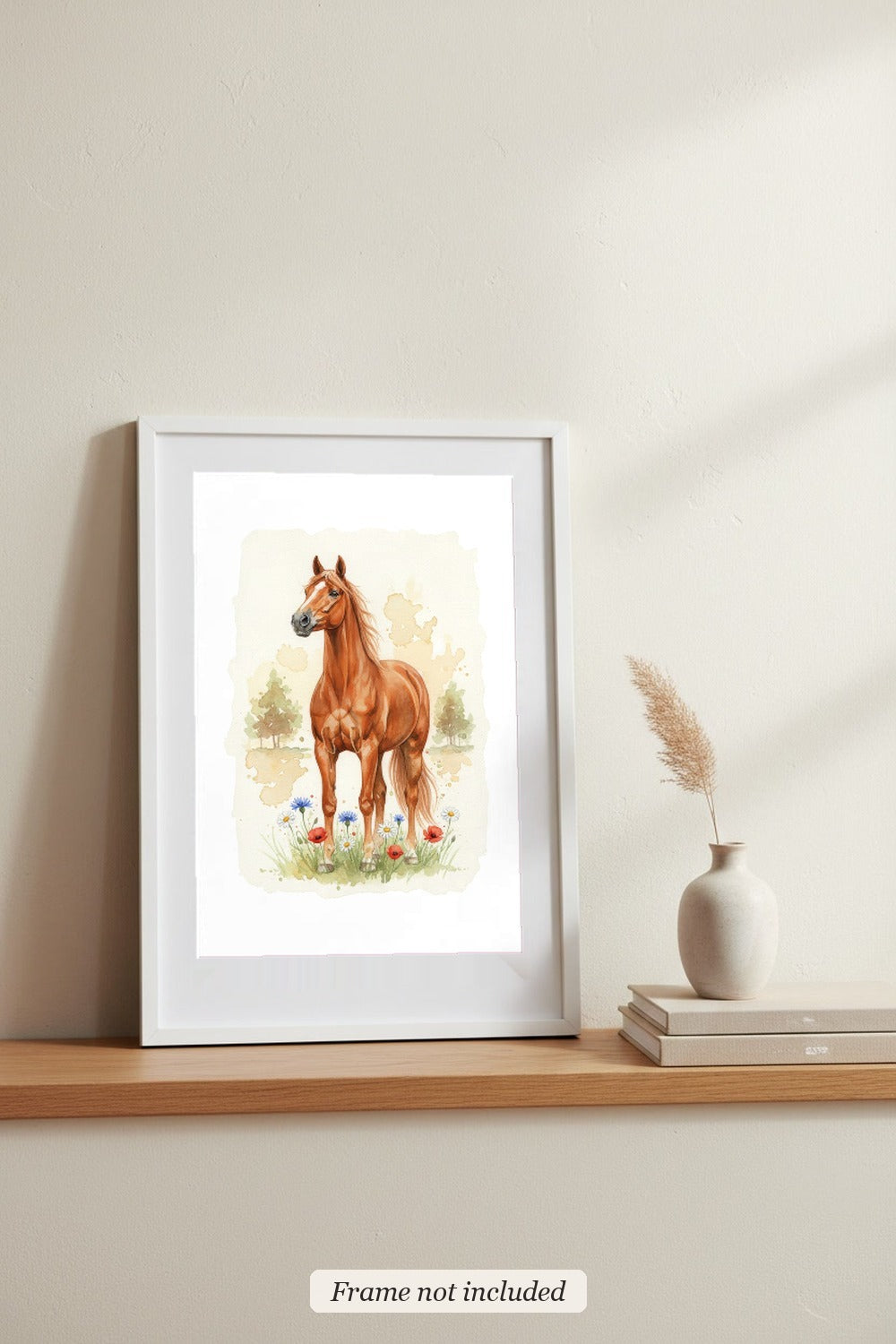 Chestnut - Swedish Riding Horse watercolour print in a slim white frame (frame not included), leaning on a picture ledge