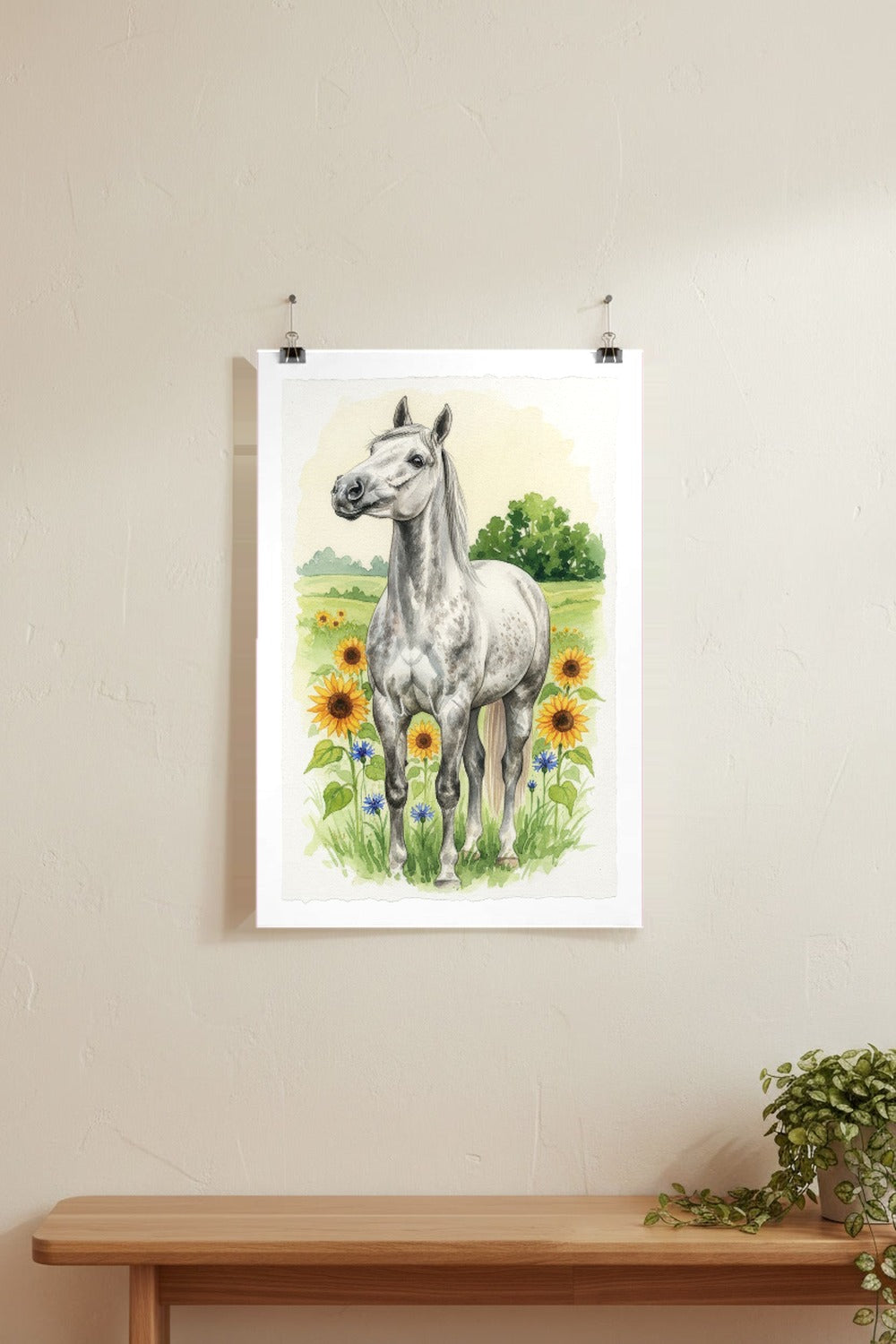 Grey - Swedish Riding Horse watercolour print hung with clips on a gallery wall