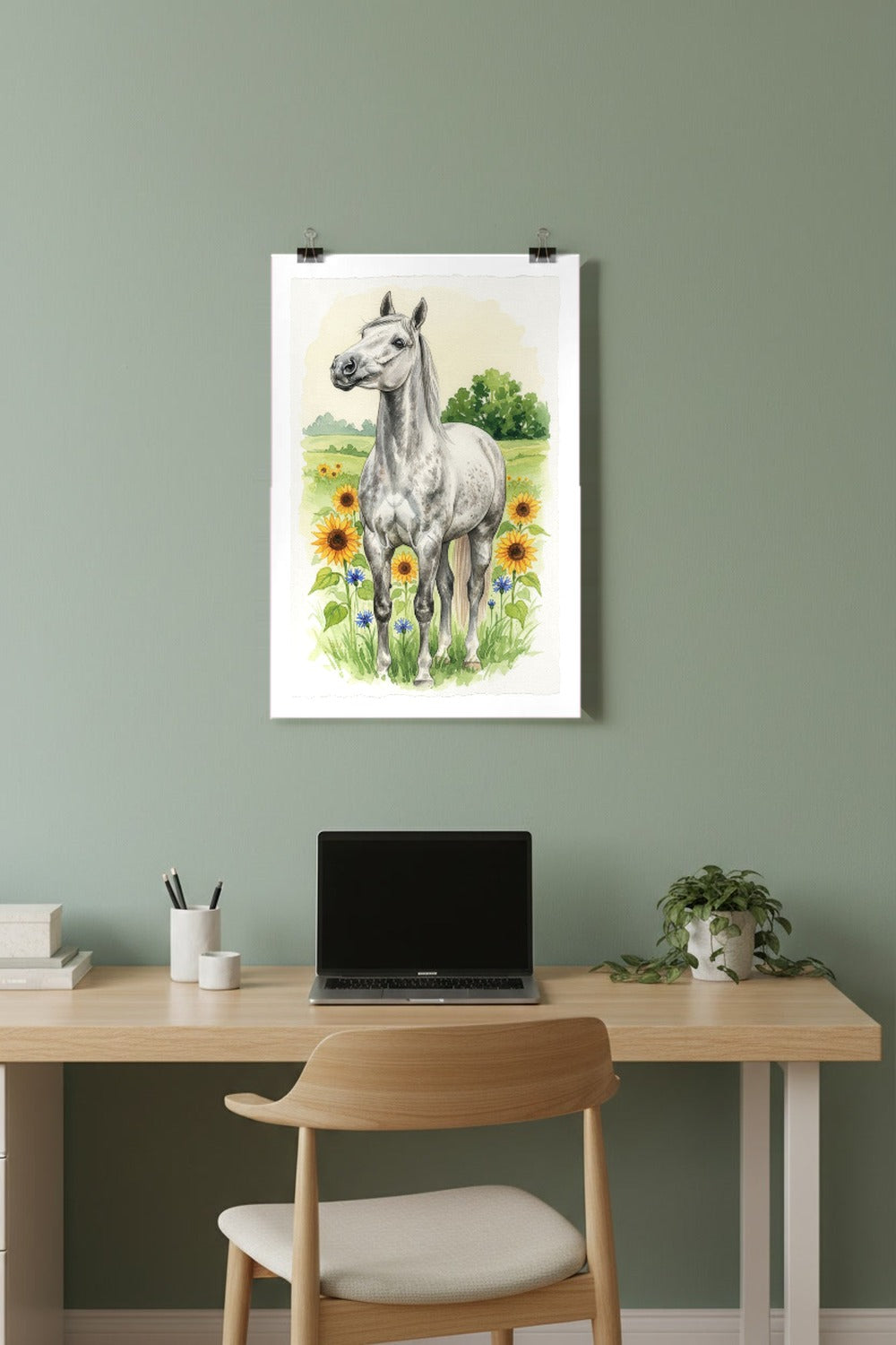 Grey - Swedish Riding Horse watercolour print hung with clips in a home office
