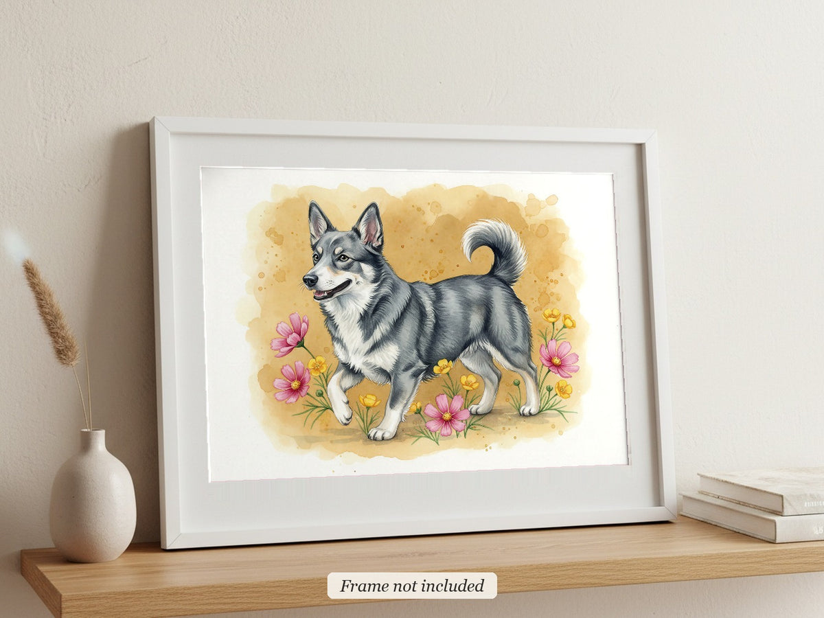 Blue-Grey And White - Swedish Vallhund watercolour print in a slim white frame (frame not included), leaning on a picture ledge