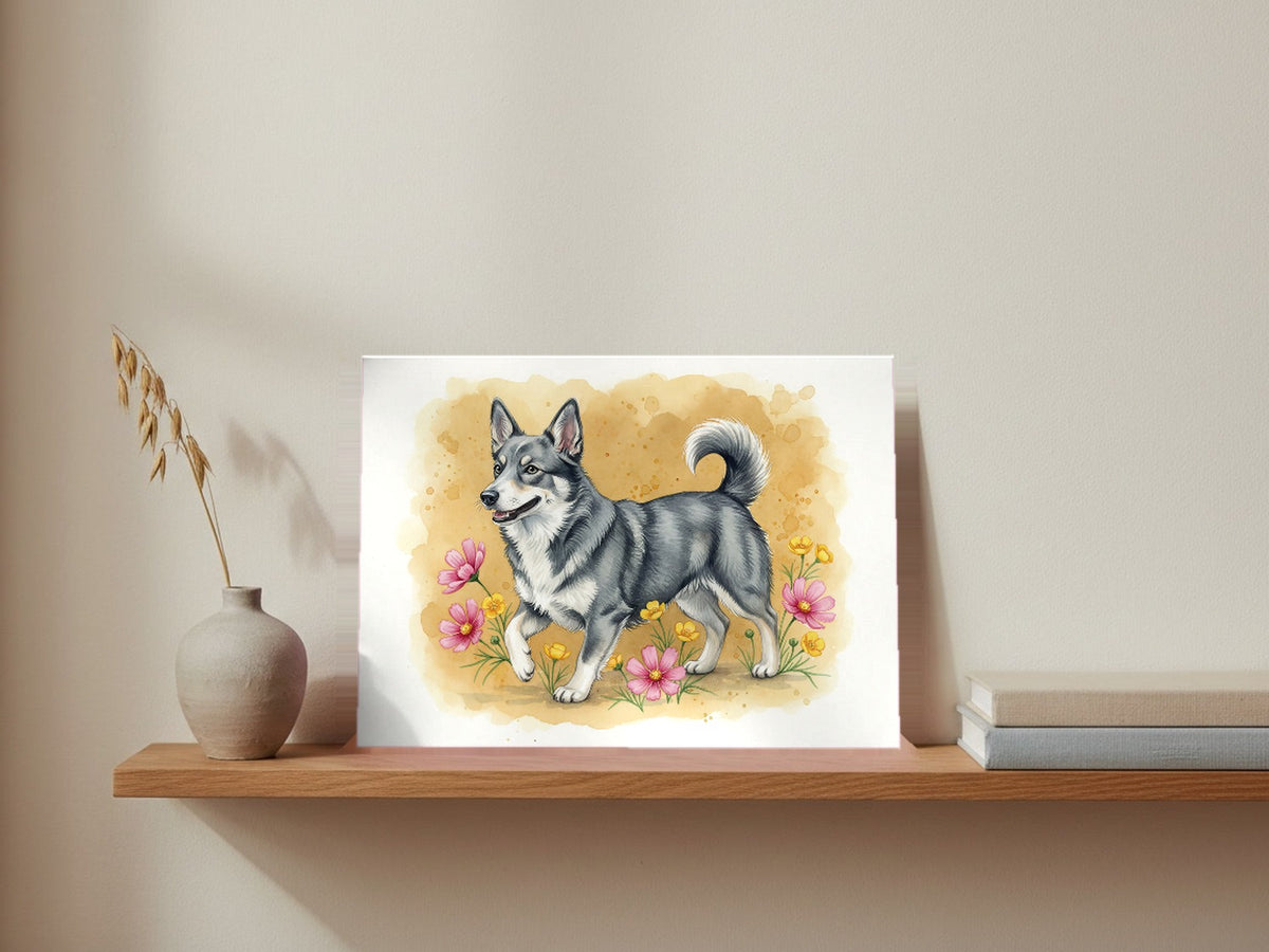Blue-Grey And White - Swedish Vallhund watercolour print leaning on a picture ledge