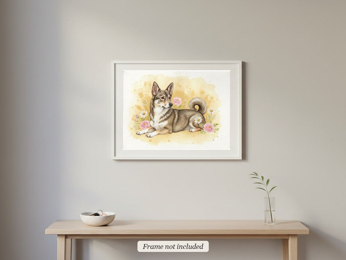 Grey And White - Swedish Vallhund watercolour print in a slim white frame (frame not included) in an entrance hall