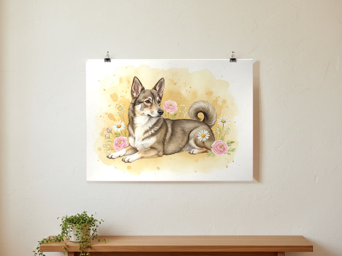 Grey And White - Swedish Vallhund watercolour print hung with clips on a gallery wall