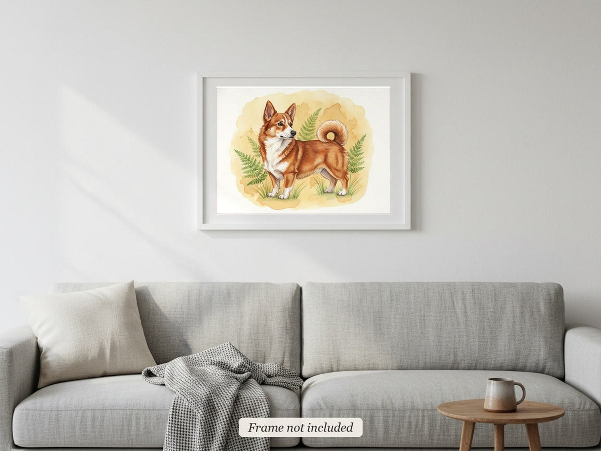 Red/Rust And White - Swedish Vallhund watercolour print in a slim white frame (frame not included) above a sofa