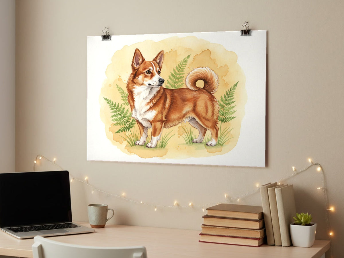 Red/Rust And White - Swedish Vallhund watercolour print hung with clips above a student desk