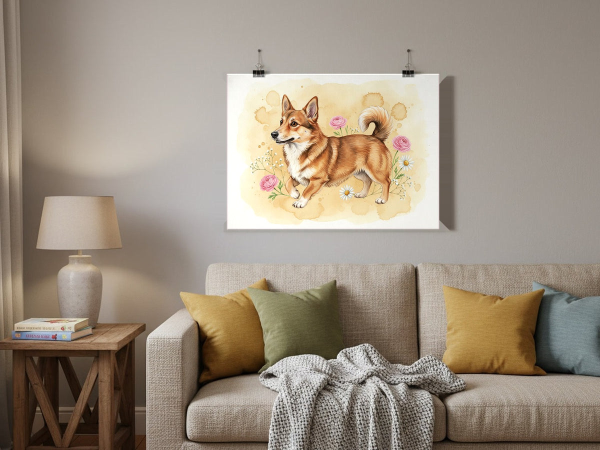 Sable And White - Swedish Vallhund watercolour print hung with clips in a family living room