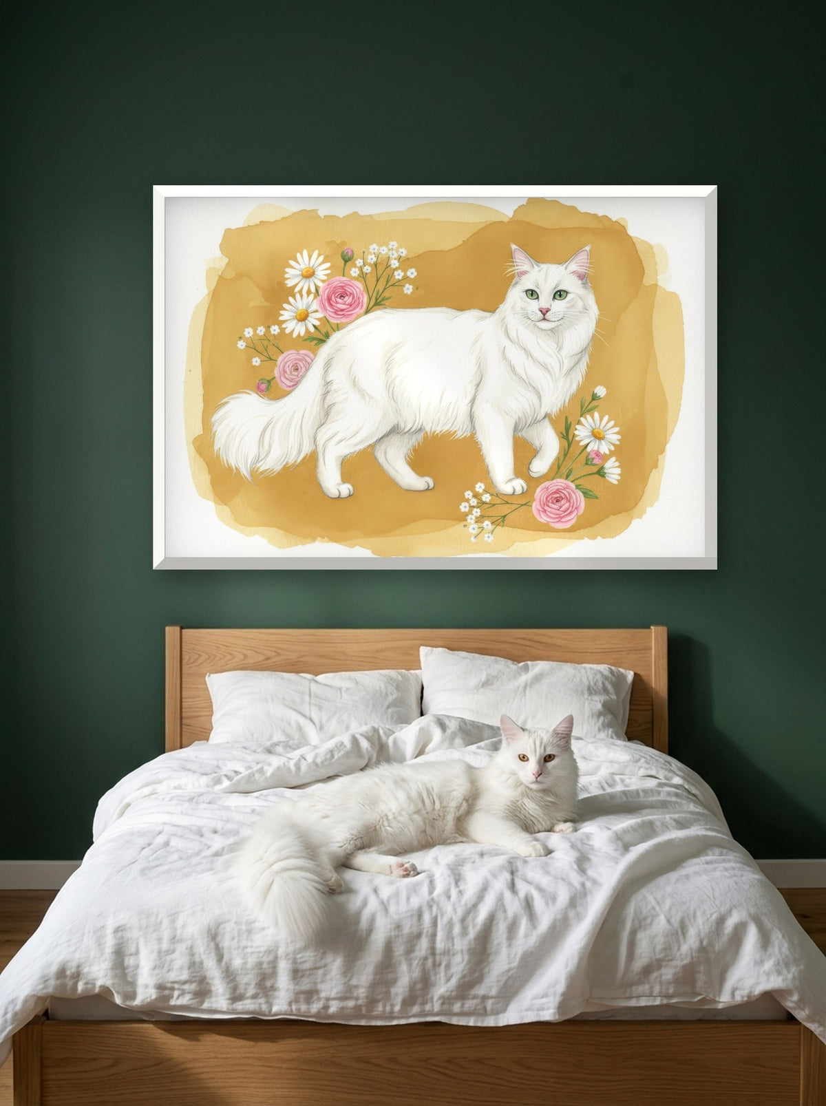 White - Turkish Angora Cat watercolour-style print, framed on the wall above a turkish angora cat on a bed (AI-generated photo)