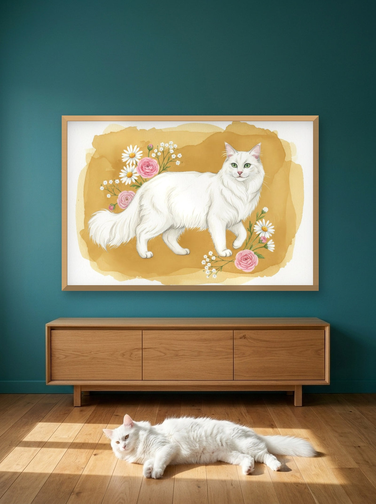 White - Turkish Angora Cat watercolour-style print, framed on the wall above a turkish angora cat in a sunny room (AI-generated photo)