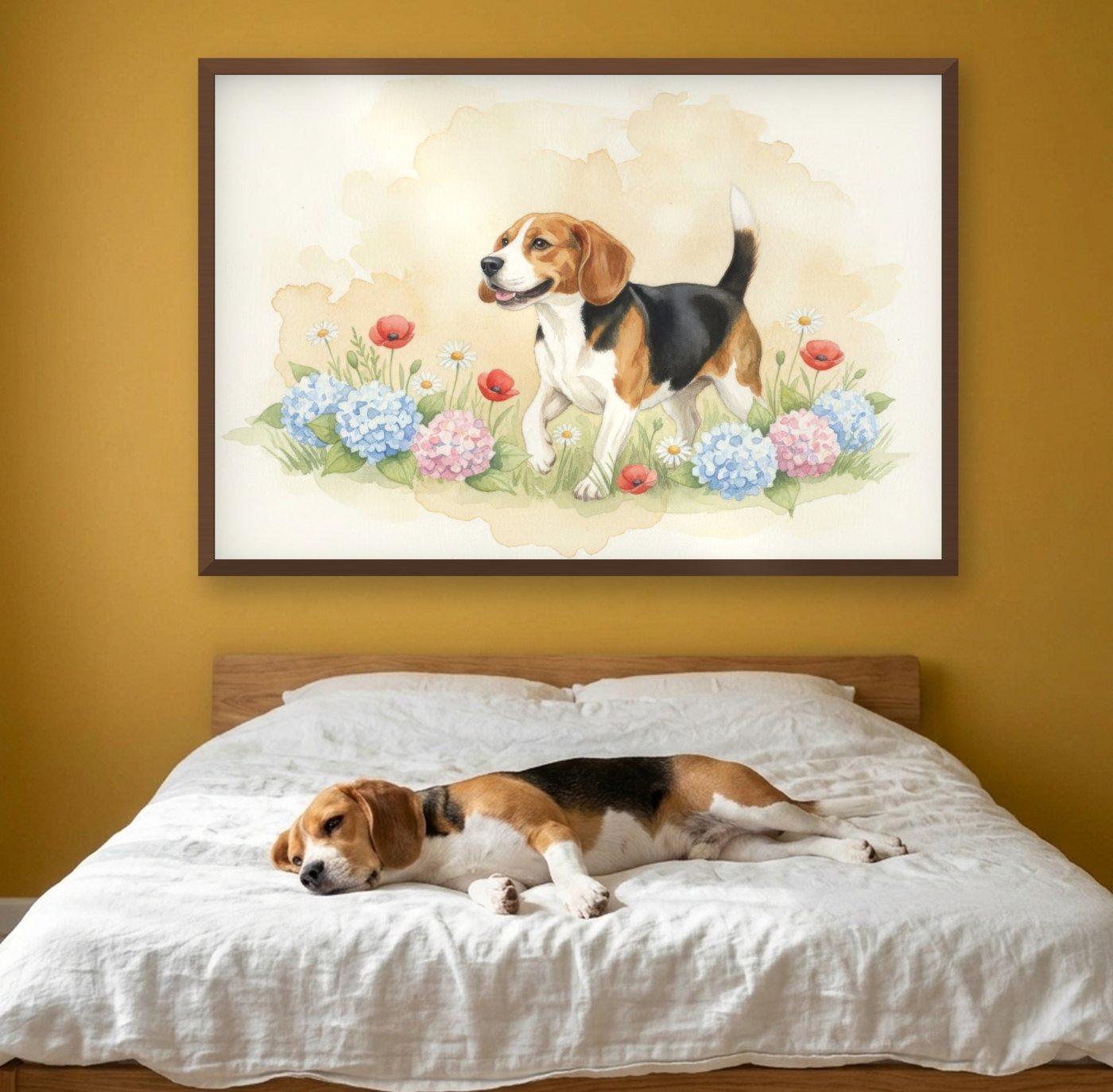 A Beagle sprawled on a bed under its portrait