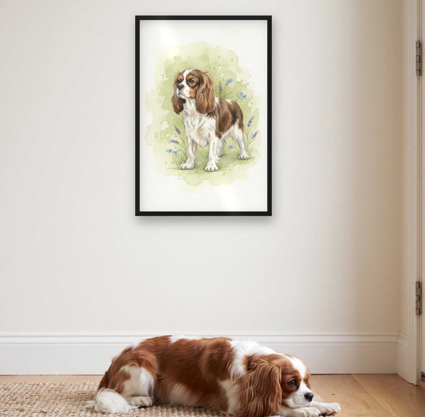 A Cavalier waiting by a door under its portrait