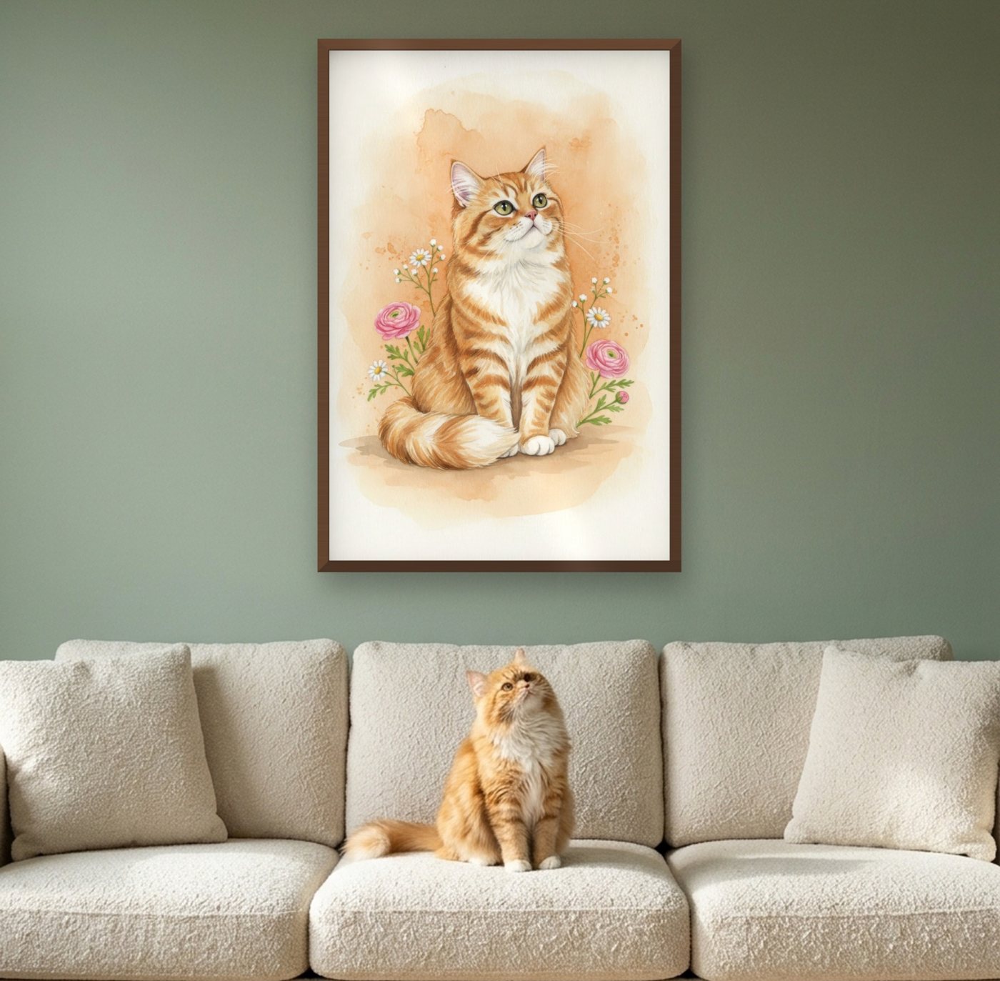 A Persian cat on a sofa under its portrait on a terracotta wall