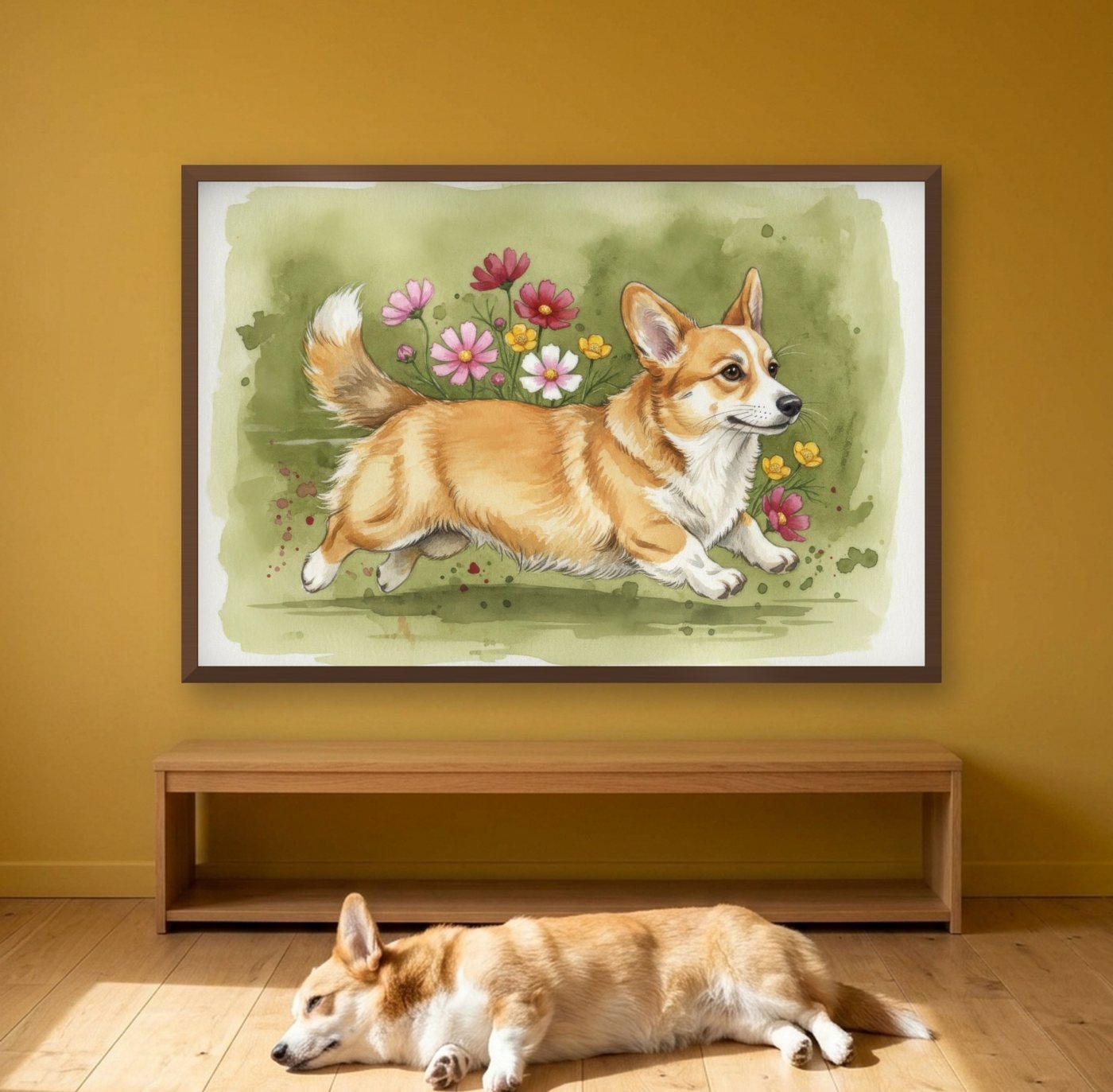 A Corgi asleep in a patch of sun below its portrait