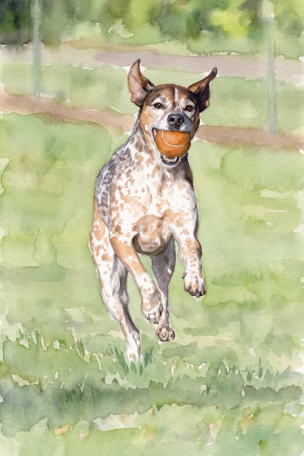 The same dog as a watercolour painting, running on grass with the ball in its mouth