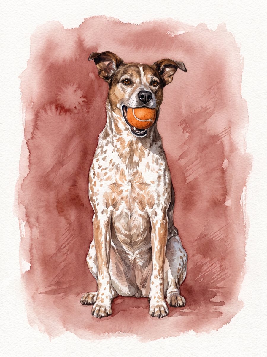Watercolour of the same dog sitting calmly on a rose-red wash with the ball in its mouth