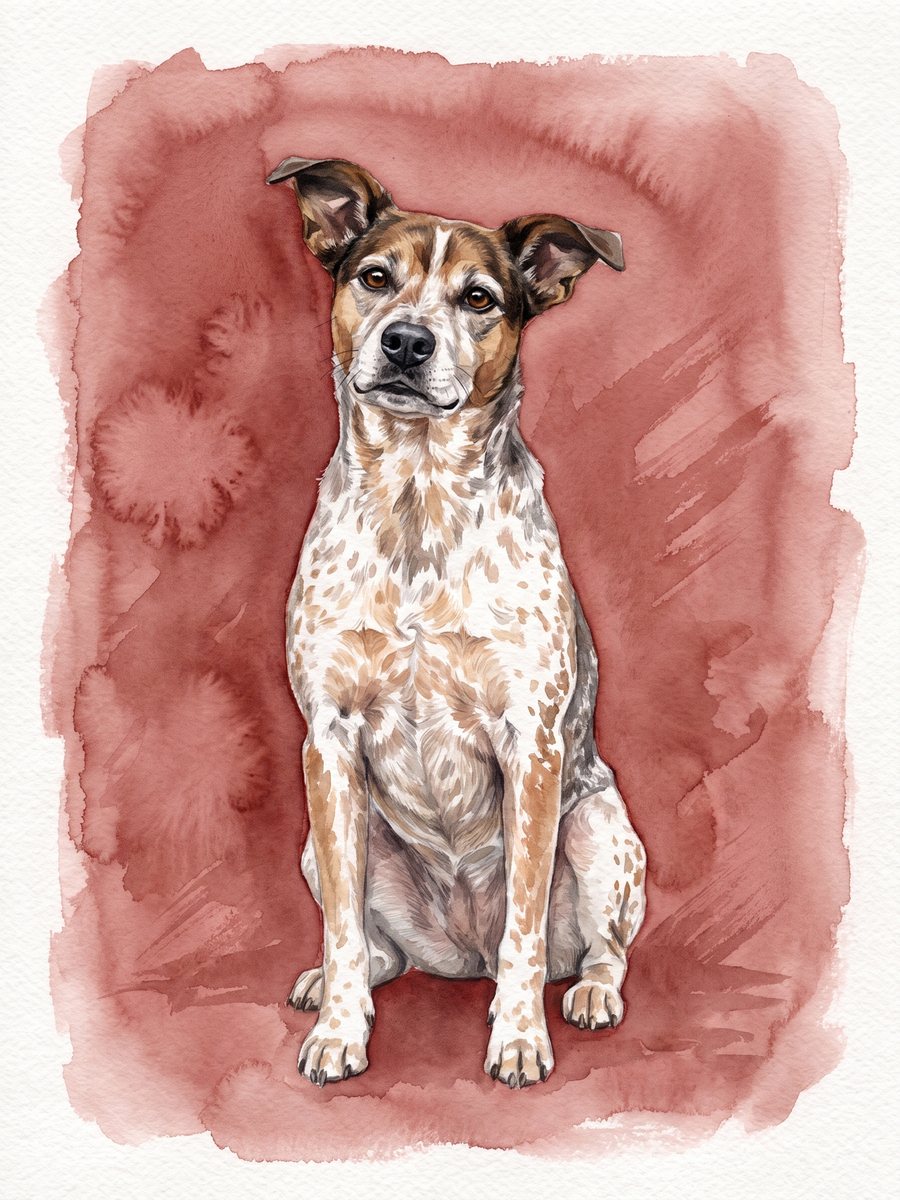 Watercolour of the same dog sitting calmly on a rose-red wash, mouth closed, no ball