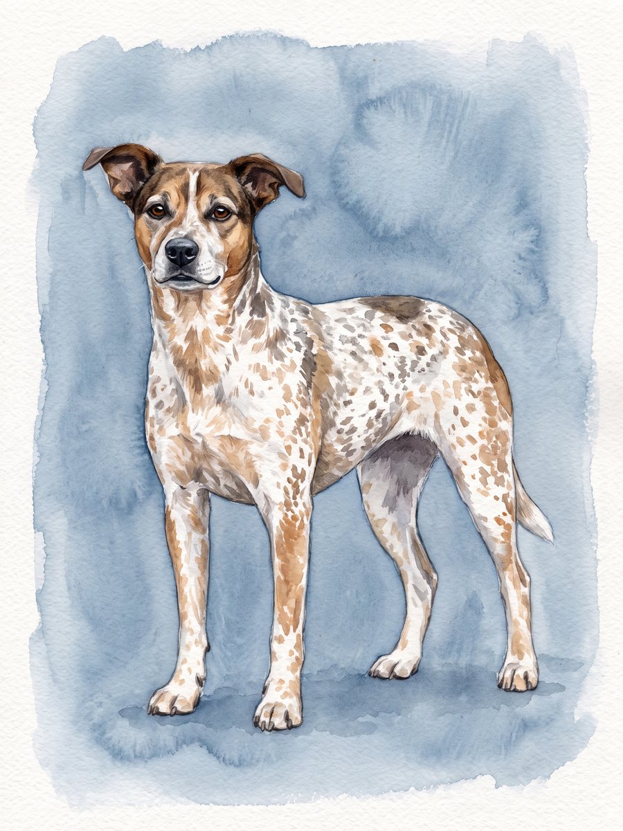 Watercolour of the same dog standing on a blue-grey wash, no ball
